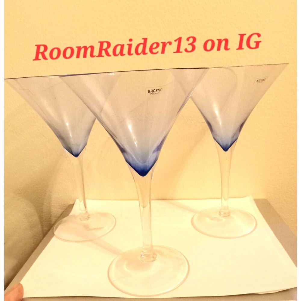 Set of 3 Crate & Barrel Hand Blown Krosno Blue Rhapsody 8 1/8 in Martini Glasses
